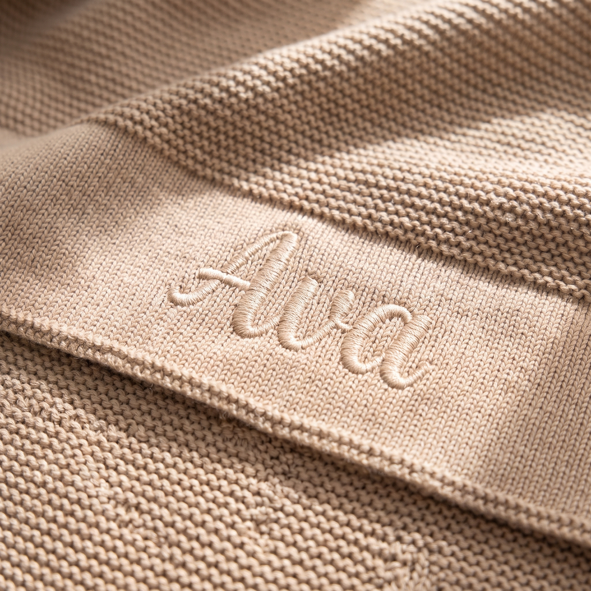 Little Teekie Personalised Knitted Baby Blanket | Embroidered Name, 80 x 100cm – Beige – personalisation detail