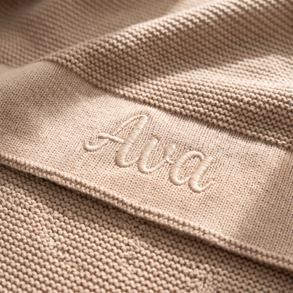 Little Teekie Personalised Knitted Baby Blanket | Embroidered Name, 80 x 100cm – Beige – personalisation detail