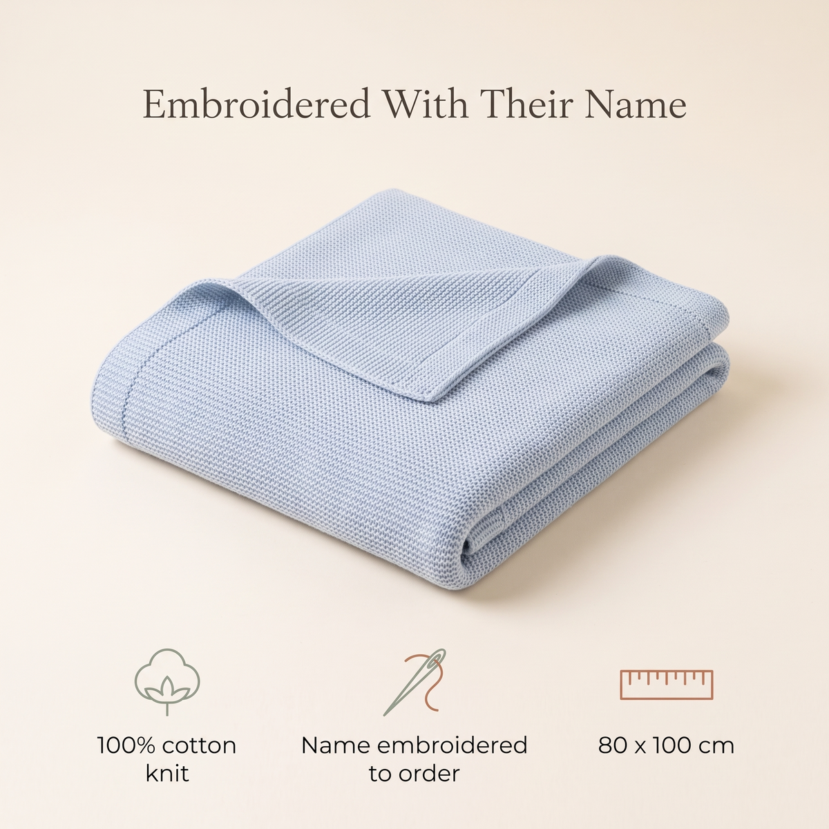 Little Teekie Personalised Knitted Baby Blanket | Embroidered Name, 80 x 100cm – Powder Blue – key features
