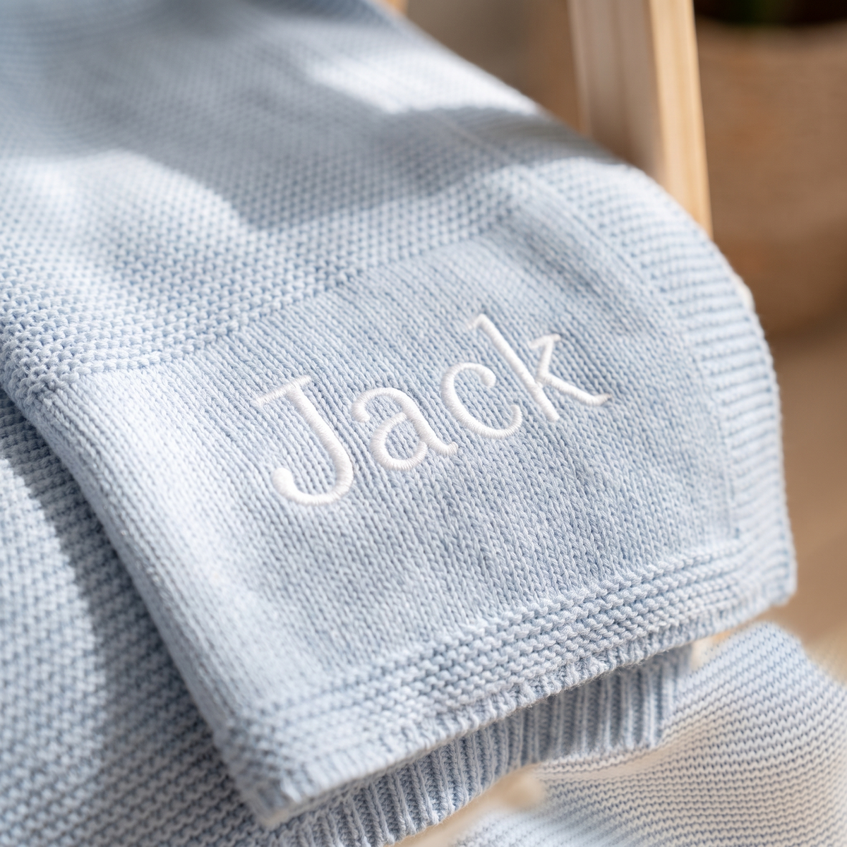 Little Teekie Personalised Knitted Baby Blanket | Embroidered Name, 80 x 100cm – Powder Blue – personalisation detail