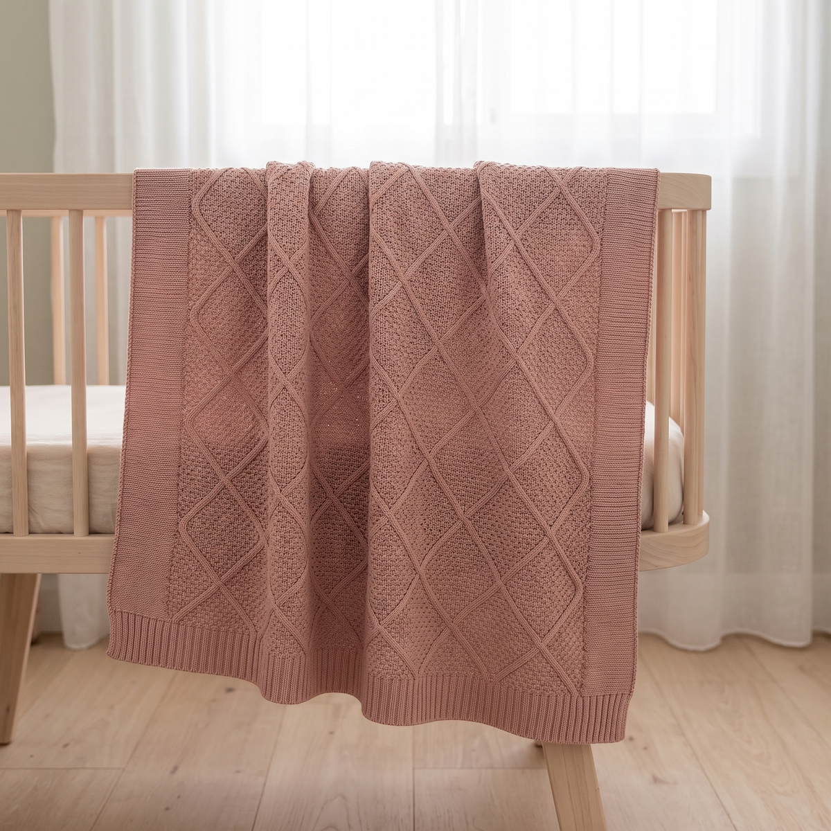 Little Teekie Personalised Diamond Knit Cotton Baby Blanket | Embroidered Name, 100 x 75cm – Dusty Pink – lifestyle
