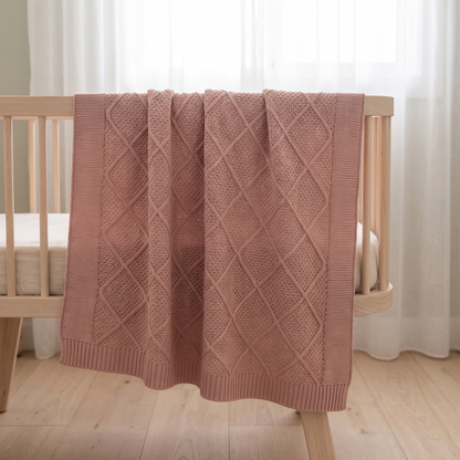 Little Teekie Personalised Diamond Knit Cotton Baby Blanket | Embroidered Name, 100 x 75cm – Dusty Pink – lifestyle