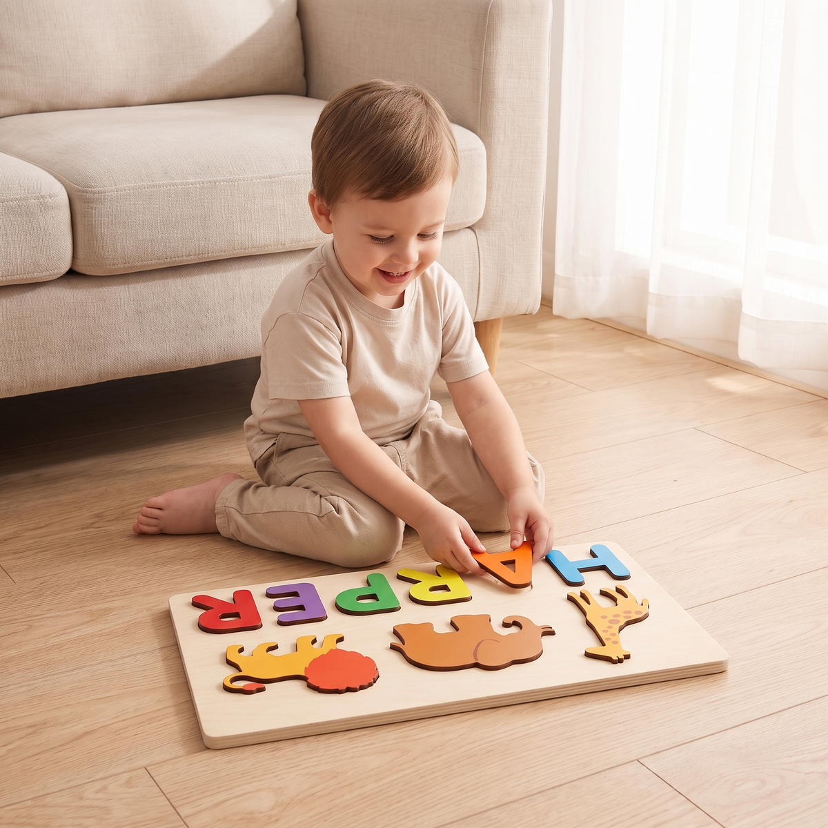 Little Teekie Personalised Safari Animal Name Puzzle | Up to 9 Letters, Birch Plywood – Multicolour – in use, shows scale