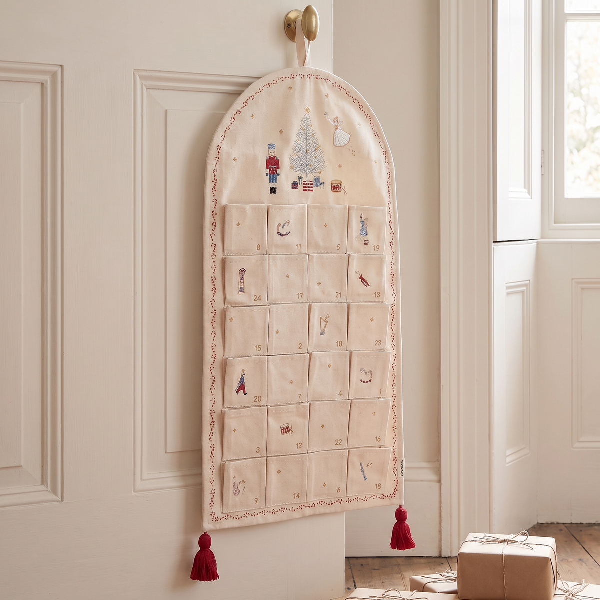 Little Teekie Fabric Advent Calendar | Embroidered Illustrations, Red Tassels – Nutcracker – alternate angle