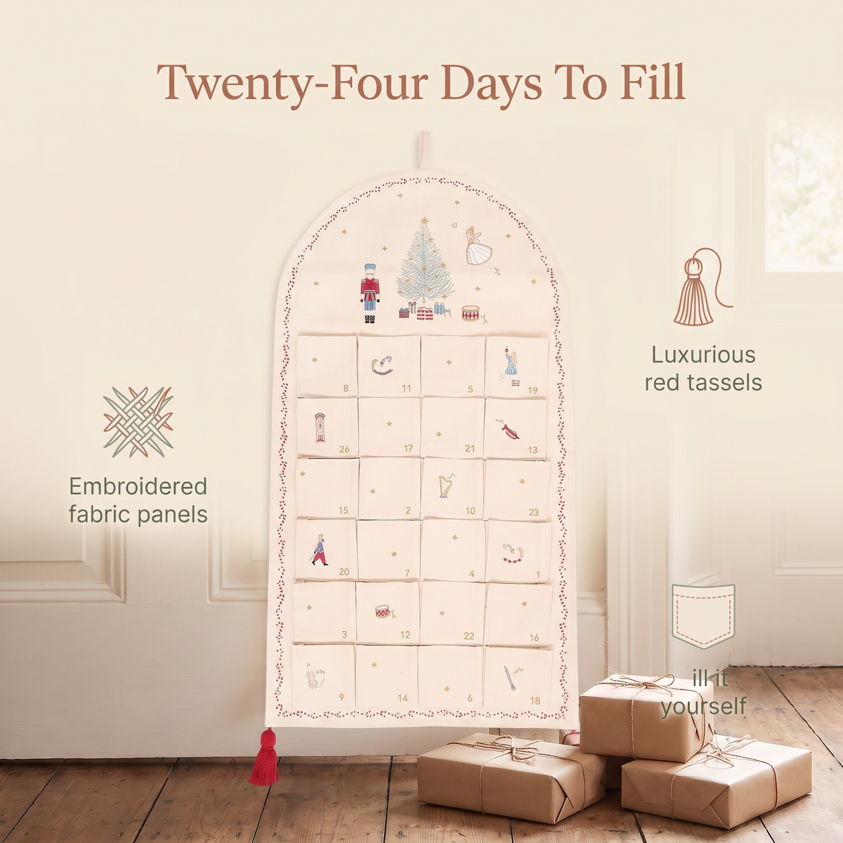 Little Teekie Fabric Advent Calendar | Embroidered Illustrations, Red Tassels – Nutcracker – key features