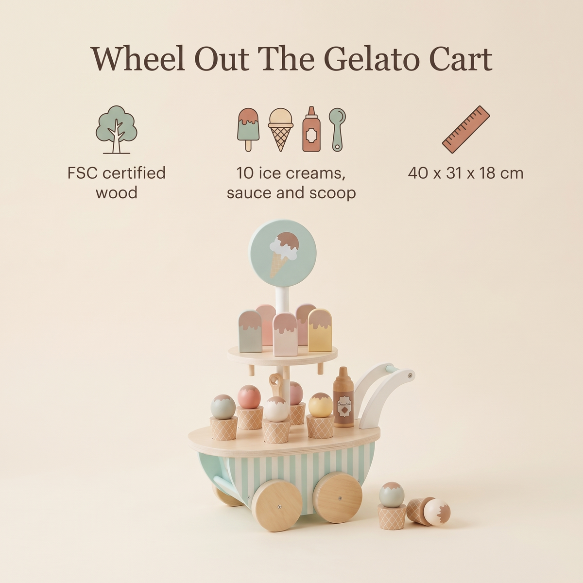 Little Teekie Wooden Ice Cream Trolley | 10 Ice Creams, FSC Wood – Stripes – key features
