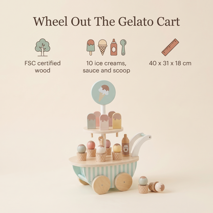 Little Teekie Wooden Ice Cream Trolley | 10 Ice Creams, FSC Wood – Stripes – key features