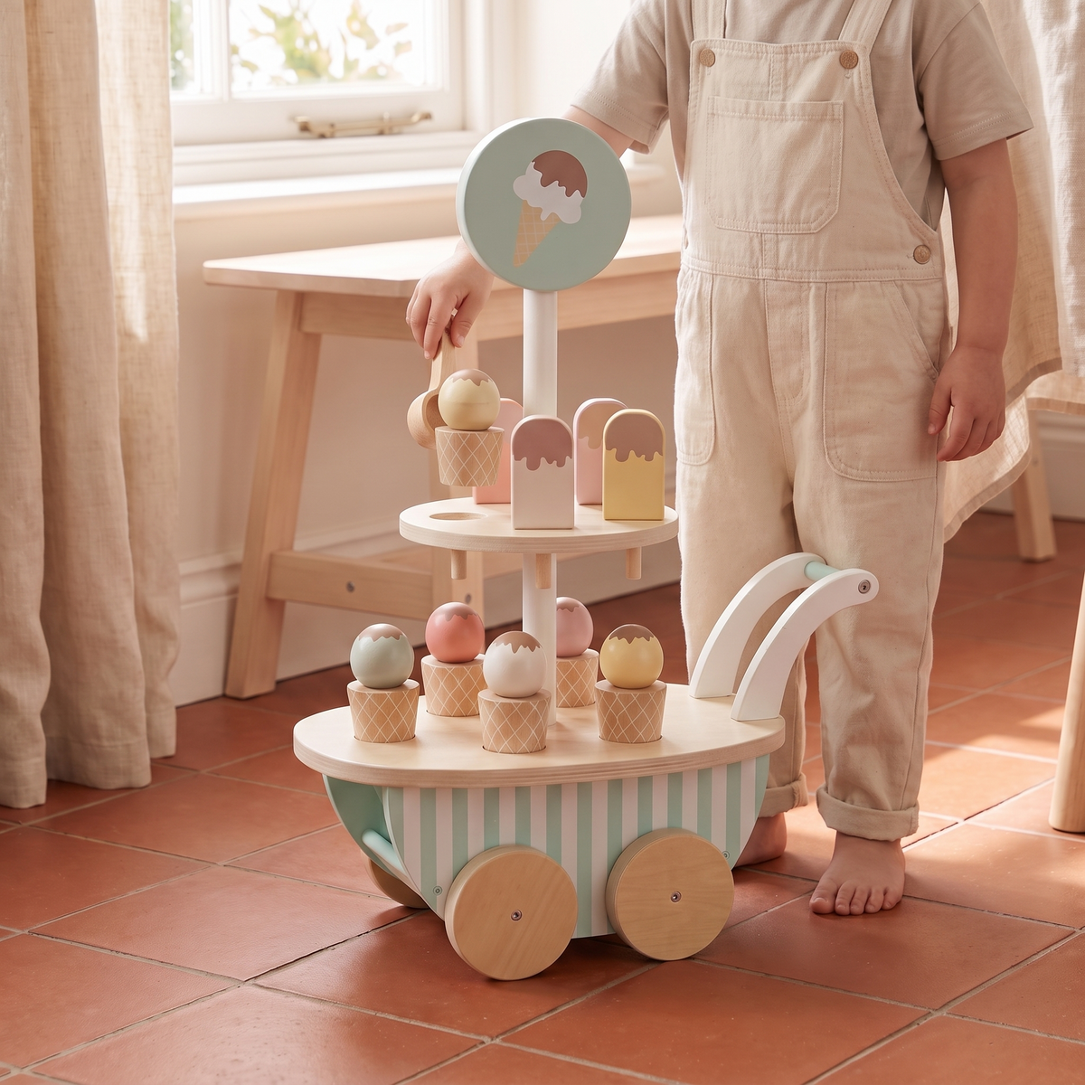 Little Teekie Wooden Ice Cream Trolley | 10 Ice Creams, FSC Wood – Stripes – in use, shows scale