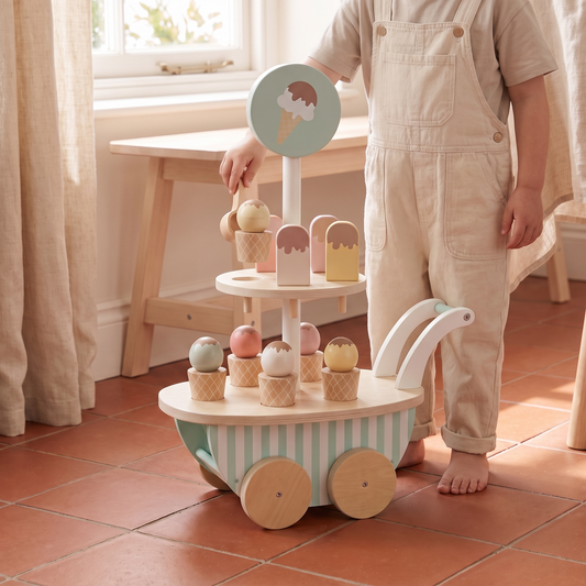 Little Teekie Wooden Ice Cream Trolley | 10 Ice Creams, FSC Wood – Stripes – in use, shows scale