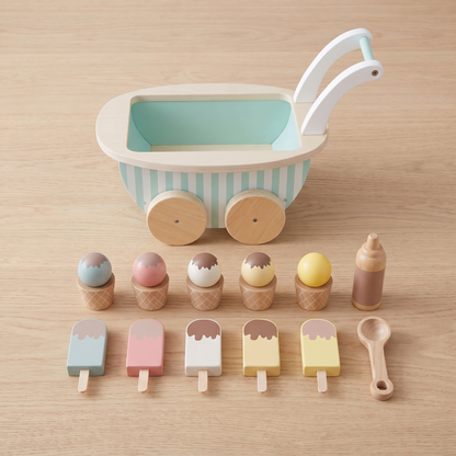 Little Teekie Wooden Ice Cream Trolley | 10 Ice Creams, FSC Wood – Stripes – what's included