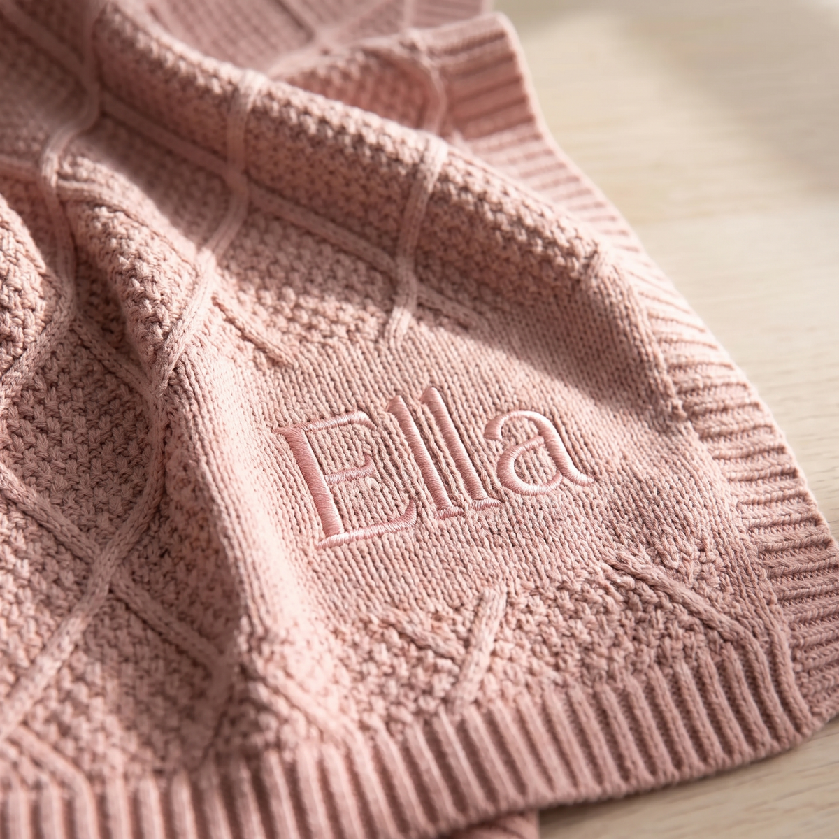 Little Teekie Personalised Diamond Knit Cotton Baby Blanket | Embroidered Name, 100 x 75cm – Dusty Pink – personalisation detail
