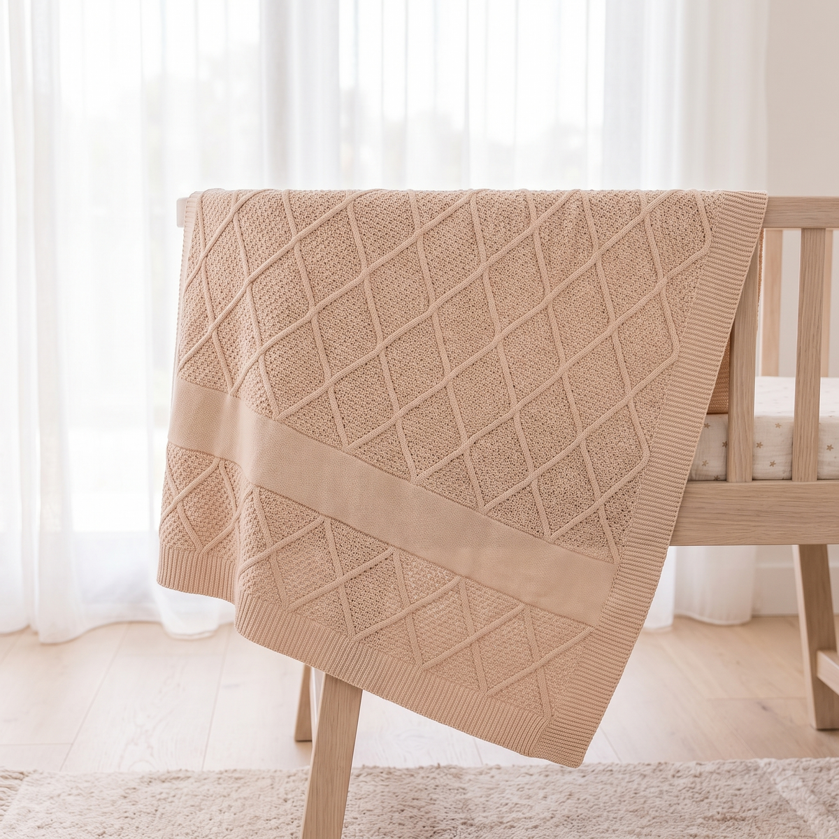 Little Teekie Personalised Diamond Knit Baby Blanket | Embroidered Name, Bassinet Size – Beige – lifestyle