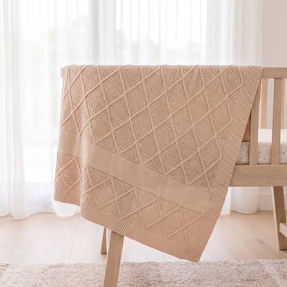 Little Teekie Personalised Diamond Knit Baby Blanket | Embroidered Name, Bassinet Size – Beige – lifestyle