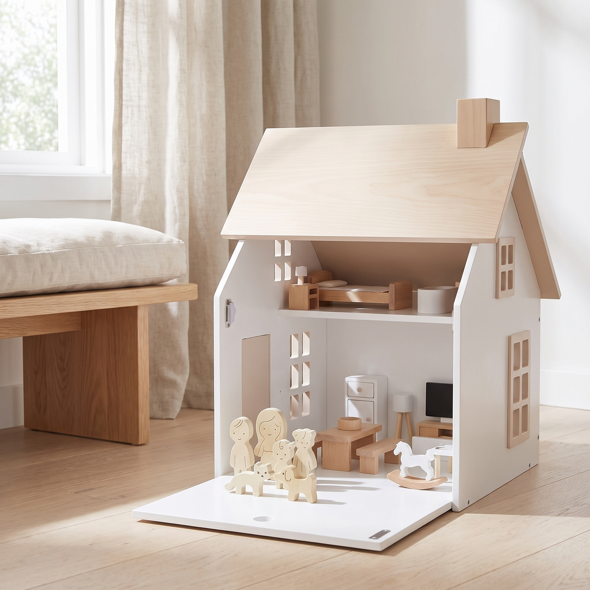 Little Teekie Wooden Dollhouse with 34-Piece Furniture Set | Flip Roof, 42.5cm – lifestyle