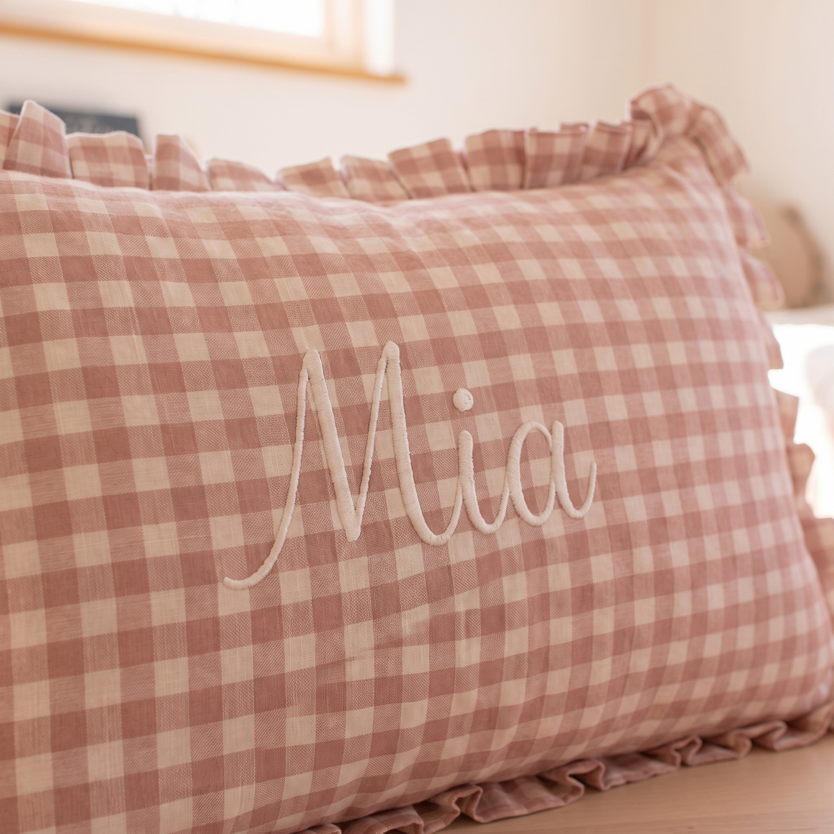 Little Teekie Personalised Gingham Ruffle Cushion Cover | Embroidered Name, 55 x 35cm – Pink – personalisation detail