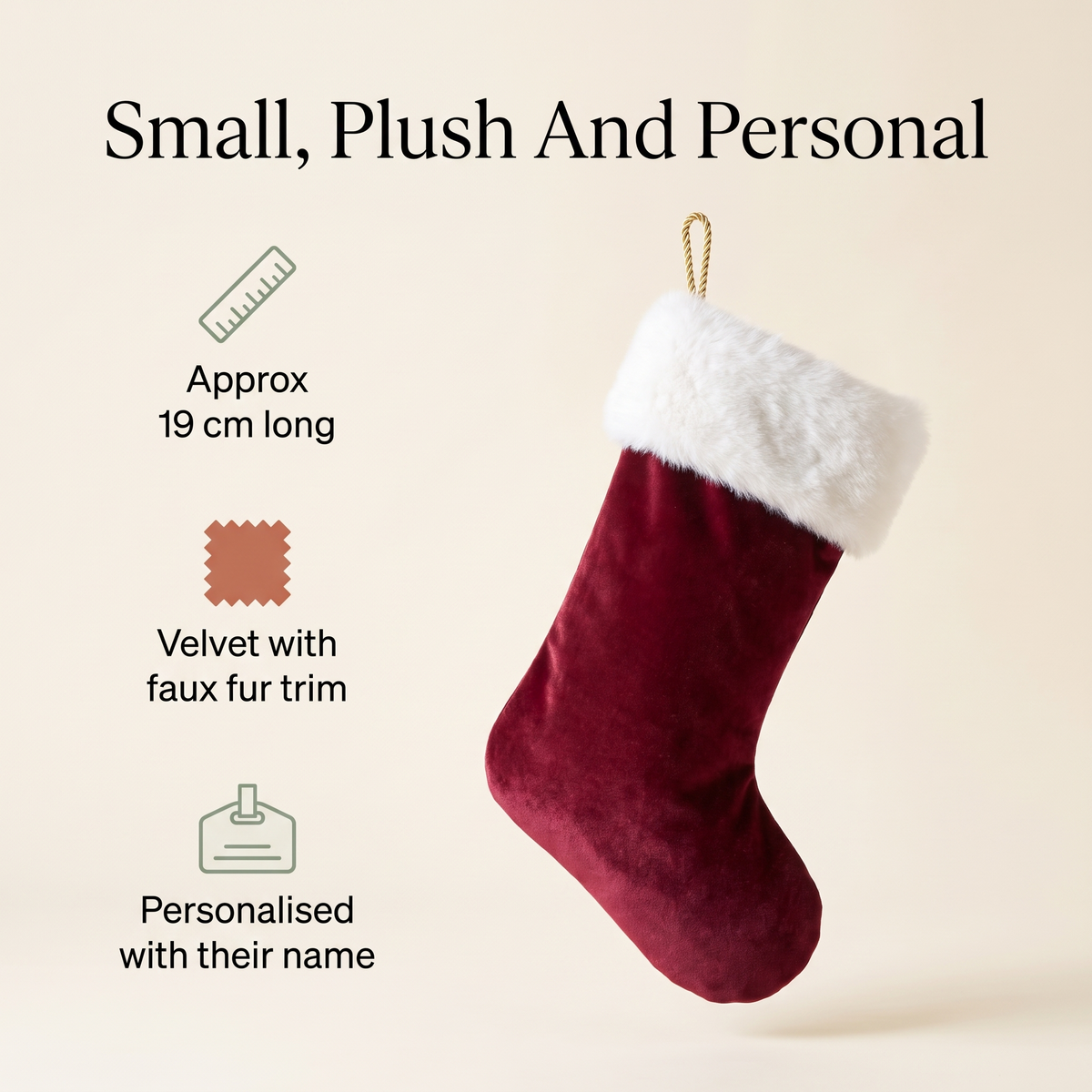 Little Teekie Personalised Velvet Christmas Stocking | Embroidered Name, Faux Fur – Burgundy – key features