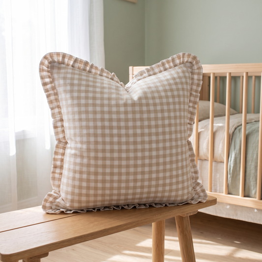 Little Teekie Personalised Gingham Ruffle Cushion Cover | Embroidered Name, 55 x 35cm – Beige – lifestyle