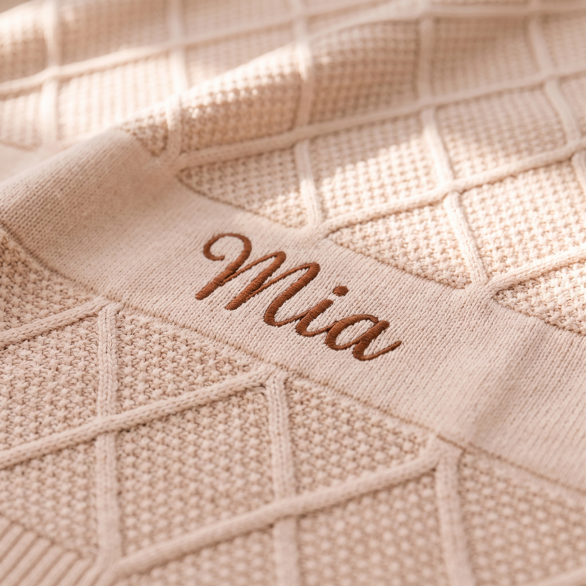 Little Teekie Personalised Diamond Knit Baby Blanket | Embroidered Name, Bassinet Size – Beige – personalisation detail