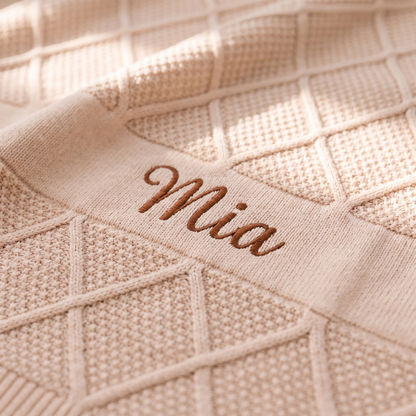 Little Teekie Personalised Diamond Knit Baby Blanket | Embroidered Name, Bassinet Size – Beige – personalisation detail
