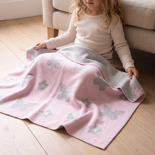 Little Teekie Personalised Merino Wool Blanket | Knitted Name, 130 x 70cm Extra Fine – in use, shows scale