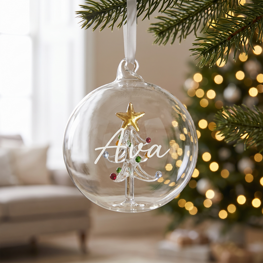 Little Teekie Personalised First Christmas Glass Bauble | Printed Name, Mini Tree – Clear Glass – lifestyle