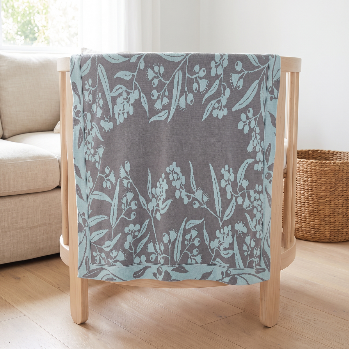 Little Teekie Personalised Native Floral Baby Blanket | Knitted Name, 100 x 70cm Cotton – lifestyle