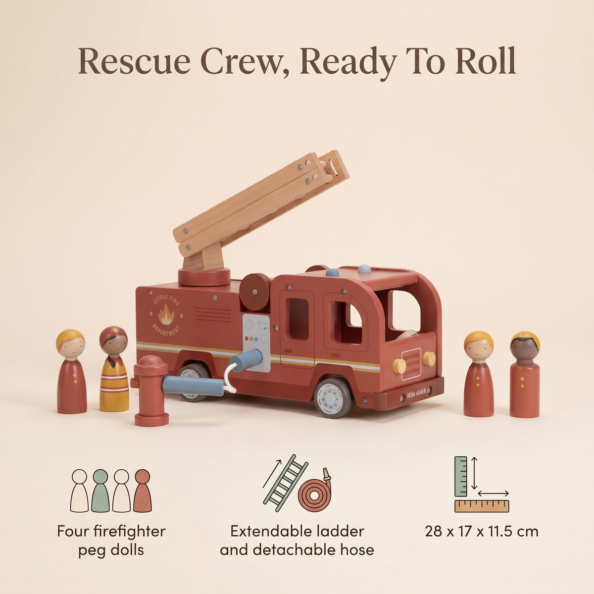 Little Teekie Wooden Fire Truck with Peg Dolls | Extendable Ladder, 24 Months+ – key features