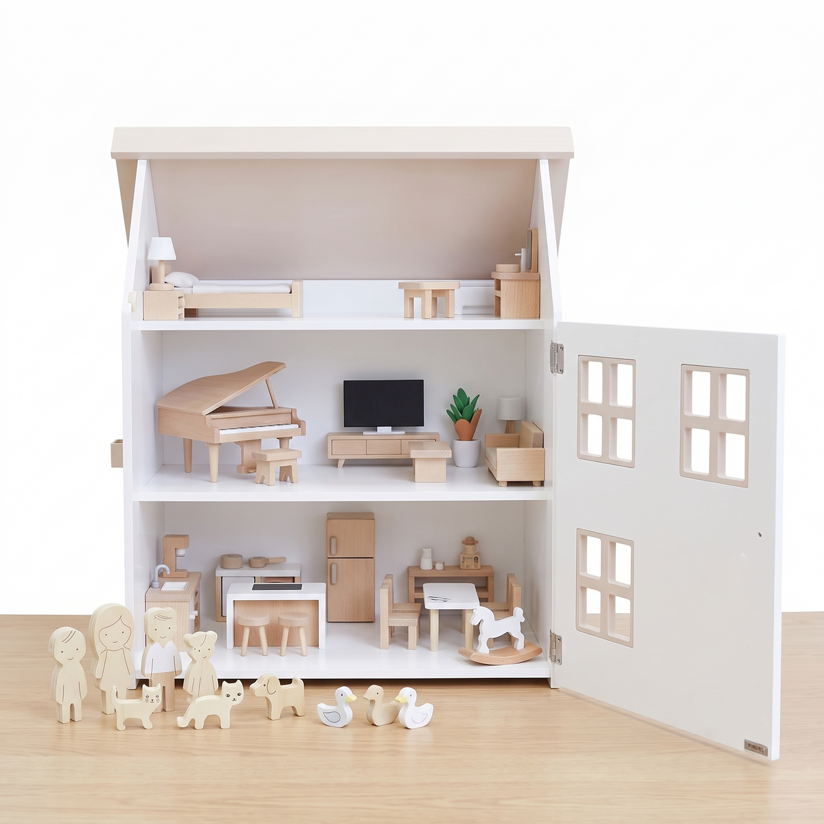 Little Teekie Wooden Dollhouse with 34-Piece Furniture Set | Flip Roof, 42.5cm – what's included