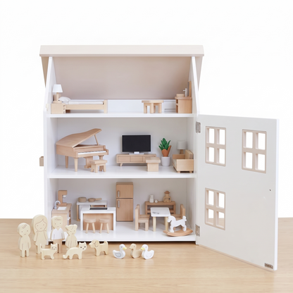 Little Teekie Wooden Dollhouse with 34-Piece Furniture Set | Flip Roof, 42.5cm – what's included