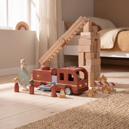 Little Teekie Wooden Fire Truck with Peg Dolls | Extendable Ladder, 24 Months+ – styled in the home