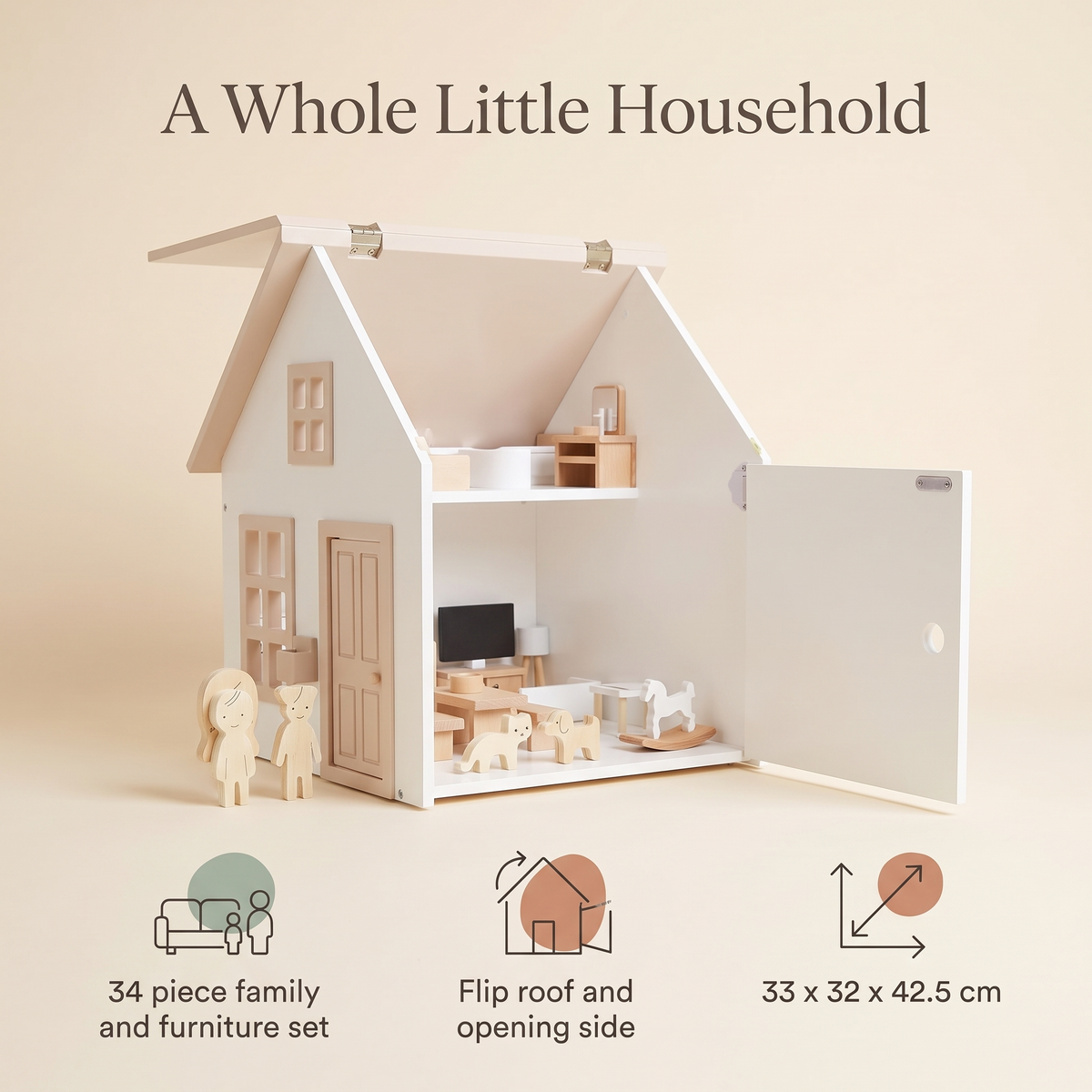 Little Teekie Wooden Dollhouse with 34-Piece Furniture Set | Flip Roof, 42.5cm – key features