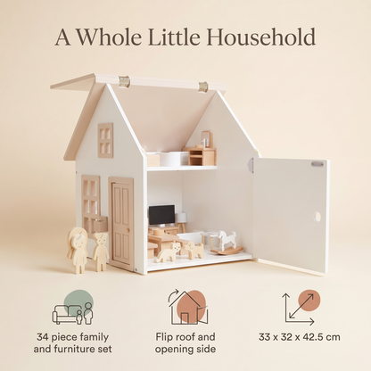 Little Teekie Wooden Dollhouse with 34-Piece Furniture Set | Flip Roof, 42.5cm – key features
