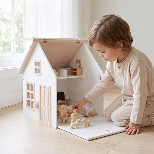 Little Teekie Wooden Dollhouse with 34-Piece Furniture Set | Flip Roof, 42.5cm – in use, shows scale