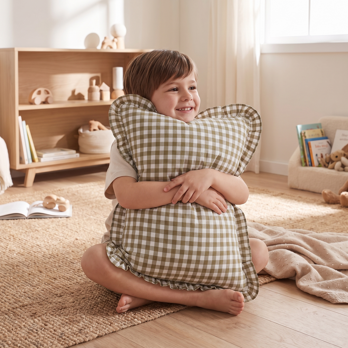Little Teekie Personalised Gingham Ruffle Cushion Cover | Embroidered Name, 55 x 35cm – Olive Green – in use, shows scale