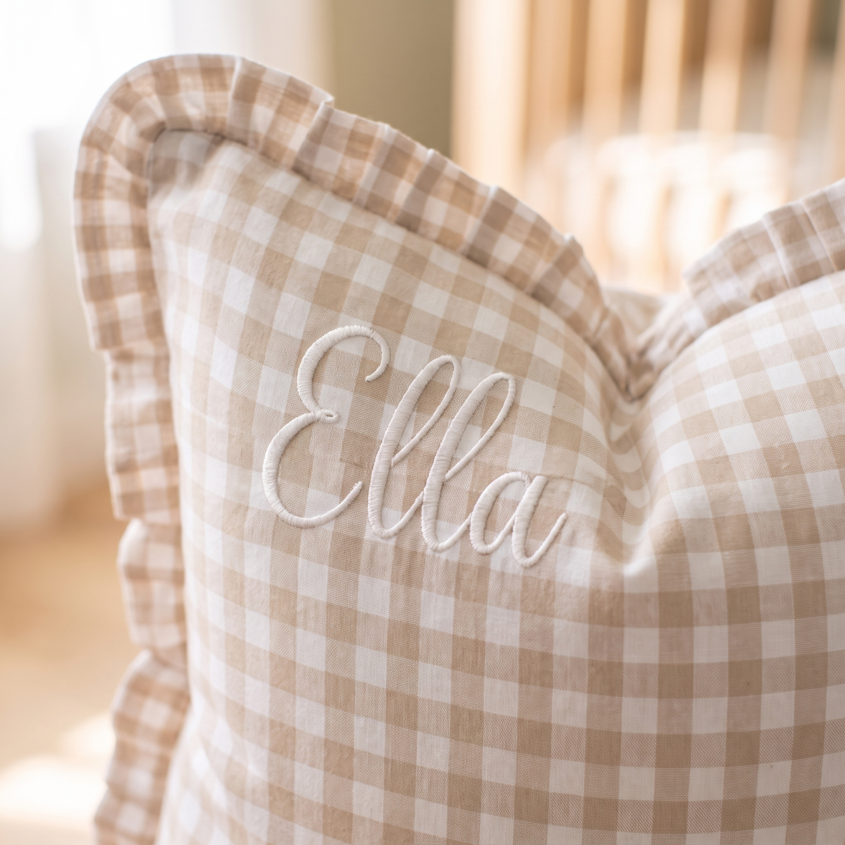 Little Teekie Personalised Gingham Ruffle Cushion Cover | Embroidered Name, 55 x 35cm – Beige – personalisation detail