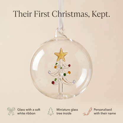 Little Teekie Personalised First Christmas Glass Bauble | Printed Name, Mini Tree – Clear Glass – key features