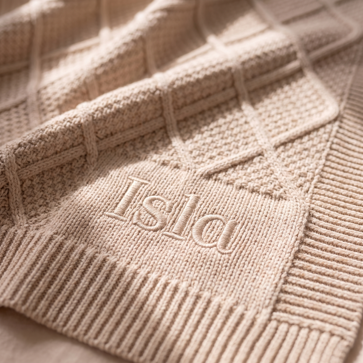 Little Teekie Personalised Diamond Knit Cotton Baby Blanket | Embroidered Name, 100 x 75cm – Oatmeal – personalisation detail
