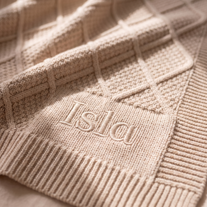 Little Teekie Personalised Diamond Knit Cotton Baby Blanket | Embroidered Name, 100 x 75cm – Oatmeal – personalisation detail