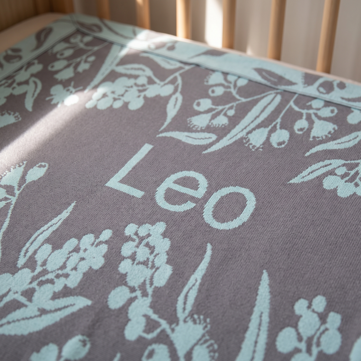Little Teekie Personalised Native Floral Baby Blanket | Knitted Name, 100 x 70cm Cotton – personalisation detail