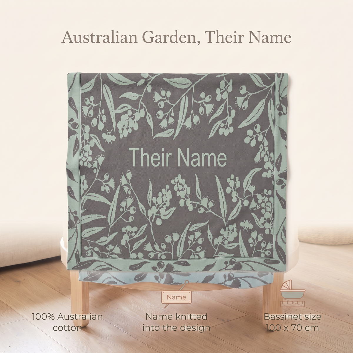 Little Teekie Personalised Native Floral Baby Blanket | Knitted Name, 100 x 70cm Cotton – key features