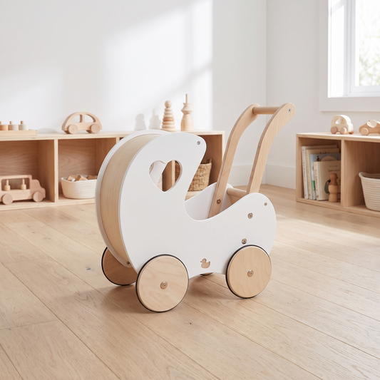 Little Teekie Wooden Doll Pram Walker | Birch Ply, Easy-Grip Handle – White – lifestyle
