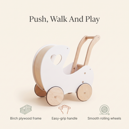 Little Teekie Wooden Doll Pram Walker | Birch Ply, Easy-Grip Handle – White – key features