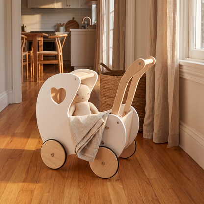 Little Teekie Wooden Doll Pram Walker | Birch Ply, Easy-Grip Handle – White – styled in the home