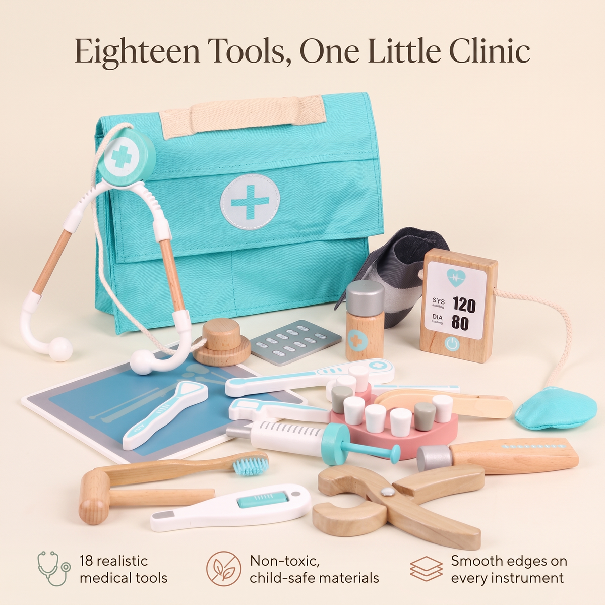 Little Teekie Wooden Doctor Kit | 18 Medical Tools, Non-Toxic Finish – key features