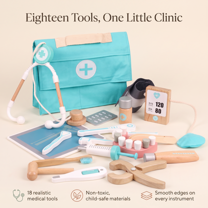 Little Teekie Wooden Doctor Kit | 18 Medical Tools, Non-Toxic Finish – key features