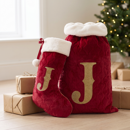 Little Teekie Personalised Sack & Stocking Gift Set | Embroidered Initial, Quilted Velvet – Red – lifestyle