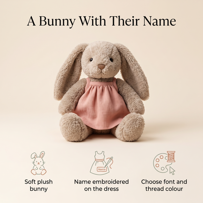 Little Teekie Personalised Bunny Soft Toy | Embroidered Name on Dress, Plush – Blush Pink – key features