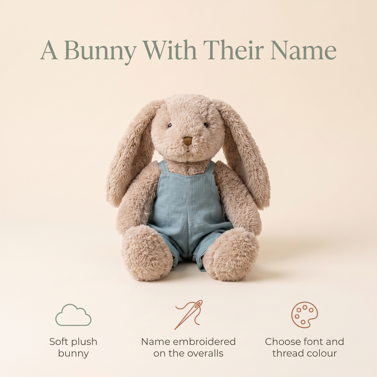 Little Teekie Personalised Bunny Soft Toy | Embroidered Name on Overalls, Plush – Blue – key features