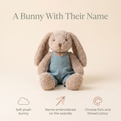 Little Teekie Personalised Bunny Soft Toy | Embroidered Name on Overalls, Plush – Blue – key features