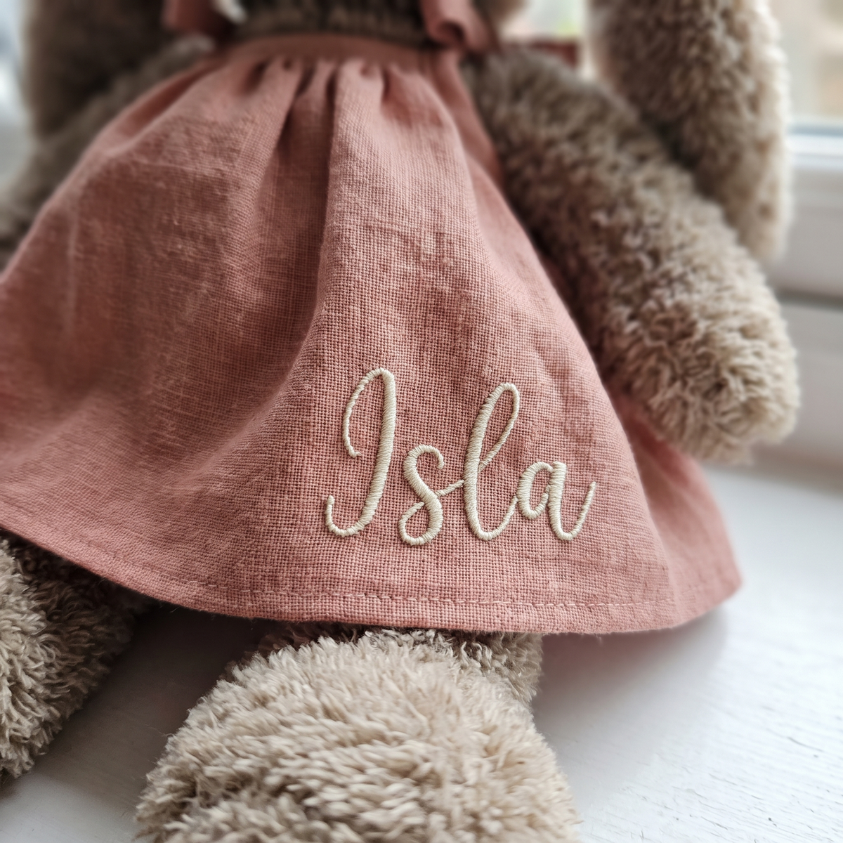 Little Teekie Personalised Bunny Soft Toy | Embroidered Name on Dress, Plush – Blush Pink – personalisation detail